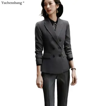 

2019 New Gray women pants suits OL professional Business plus size long sleeve blazer and Trousers office lady work wear