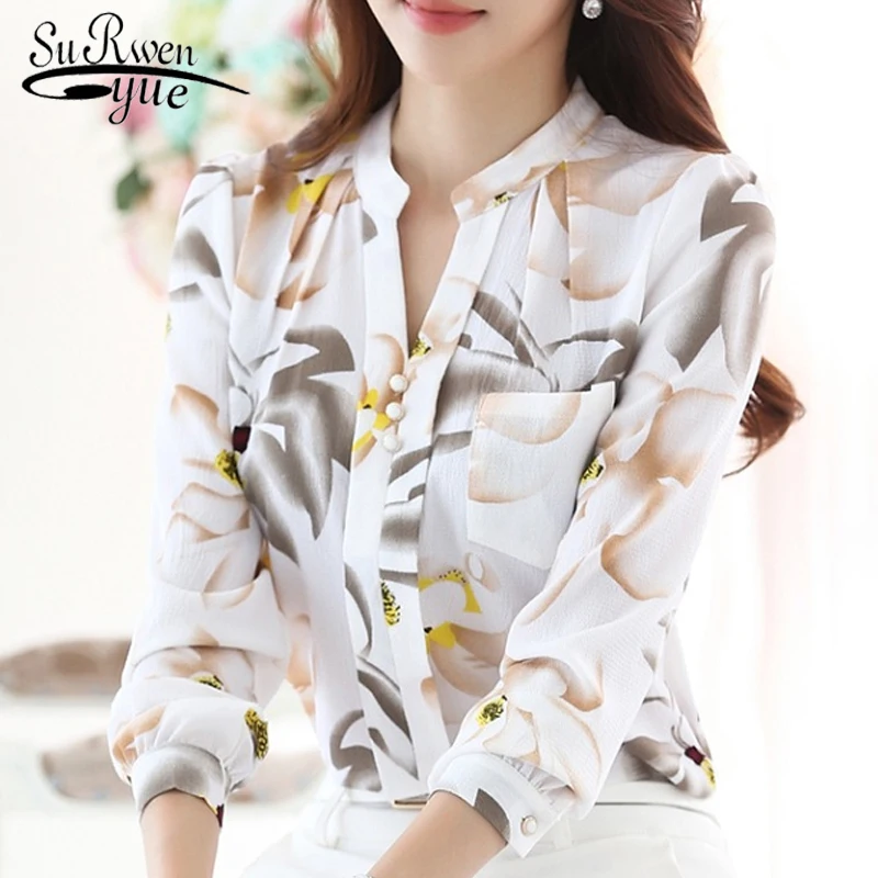 De las mujeres de la moda camisetas de las señoras Slim con cuello de pico de Blusa de la gasa de las mujeres ropa de oficina 2021 Ropa de Trabajo camisa de las mujeres de talla grande Blusa 882G