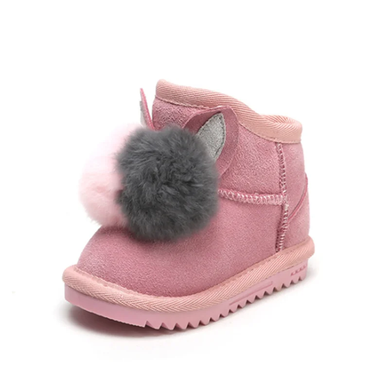 Зимние теплые плюшевые ботинки для маленьких девочек мягкие хлопковые ботинки с помпонами из кроличьего меха для малышей Нескользящие зимние ботинки для девочек