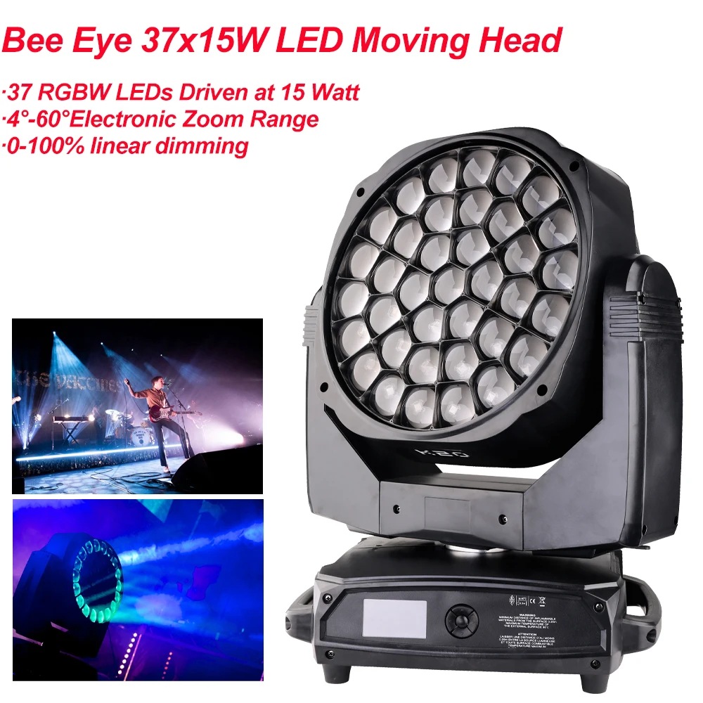 New Big Bee Eye 37x15W LED Moving Head Zoom Function DMX 512 Wash Lights RGBW 4IN1 Beam Effect Light Party Bar DJ Stage Lighting