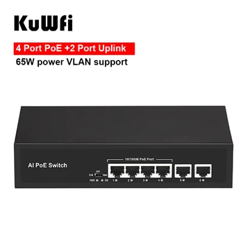 

KuWFi 10/100Mbps 4 Port PoE + 2 Port Ethernet Uplink POE Network Switch IEEE 802.3af/at Standard Support 65W Power VLAN