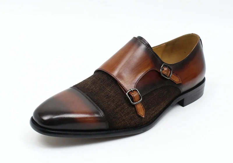 DANIEL WAFER Brand Designer Monk Strap Mens Dress Shoes Genuine Leather With Denim Black Brown Wedding Party Dress Shoes Men