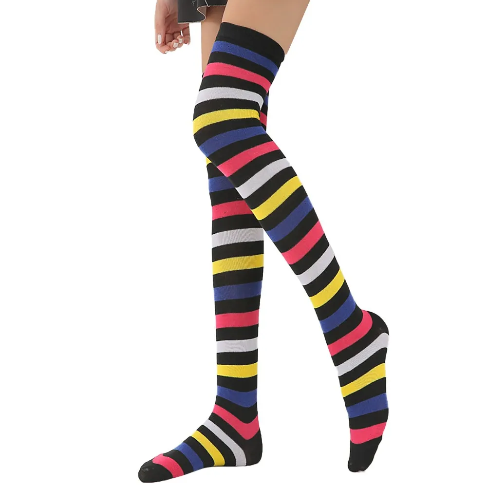 Женские чулки, милые разноцветные длинные чулки в радужную полоску, вязаные женские носки выше колена, Mujer Calcetines - Цвет: Черный