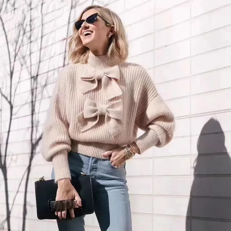 

Crop Top Sweater Women 2019 Autumn Bows Half Turtleneck Long Sleeve Knitted Pullovers Sweaters Runway Ladies Jumper