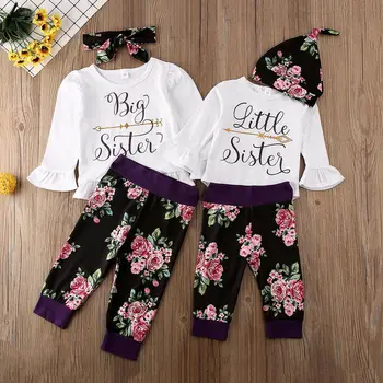 

Kid Girl Matching Clothes Big Sister T-shirt Little Sister Romper+Long Pants+Hat Or Headband Outfits Set 3M-6Y