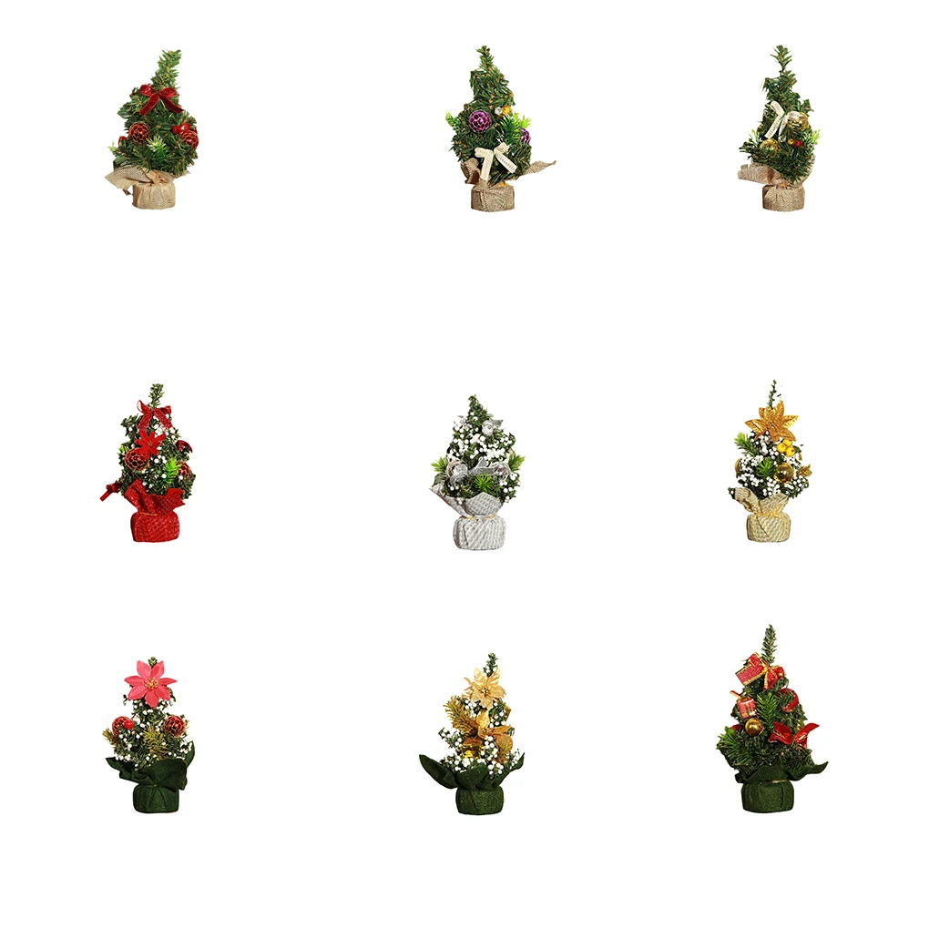 Cloth Ribbon Jingle Bell Christmas Pine Tree Desk Small Mini Xmas Craft Decoration Home Office Show Window Ornament Gift