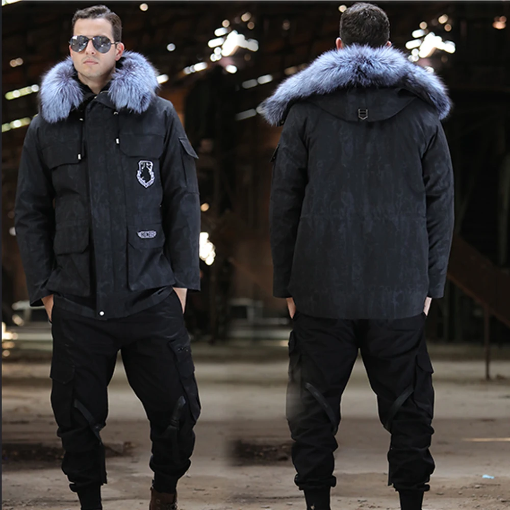 SANI Men Fashion Parkas Fur Silver Fox Hooded Clothing Natural Soft Warm Rabbit Fur Jacket Medium Long Winter Real Fur Coat