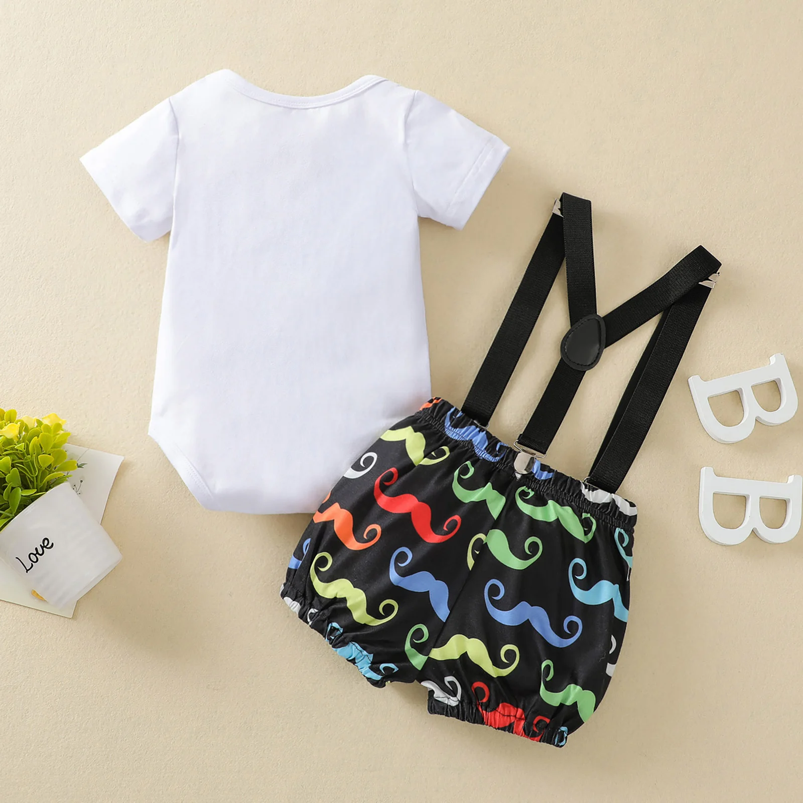 FOCUSNORM 3 Colors Infant Baby Boys Birthday Outfits Cartoon & 1st Printed Short Sleeve Romper with Bowknot + Overalls Shorts
