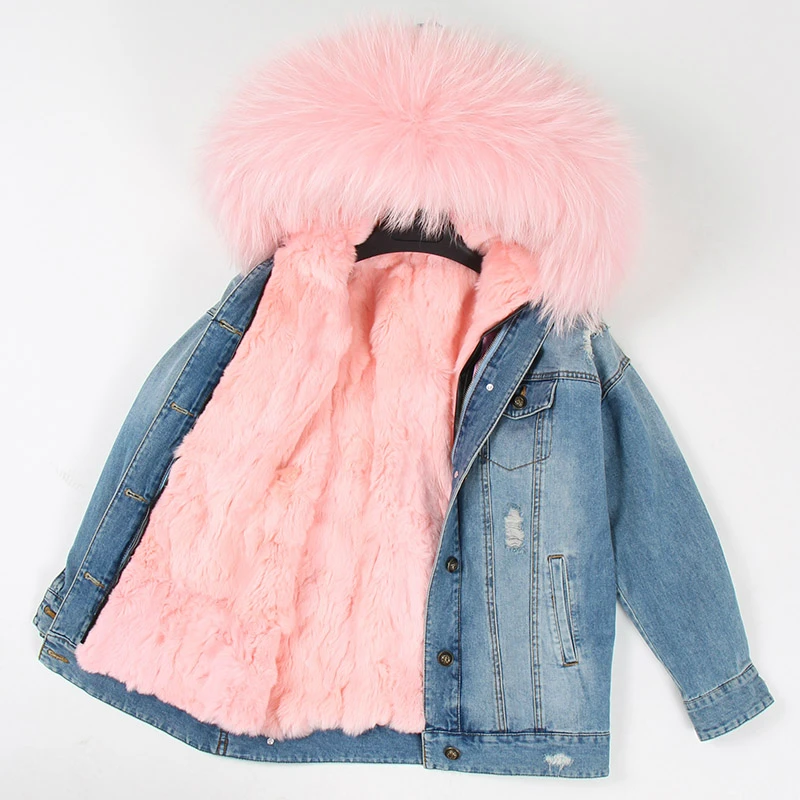 Cheap OFTBUY 2019 Winter Jacket Women Real Fur Coat Parka Real raccoon collar Rex Rabbit liner striped bomber Denim jacket Streetwear 15