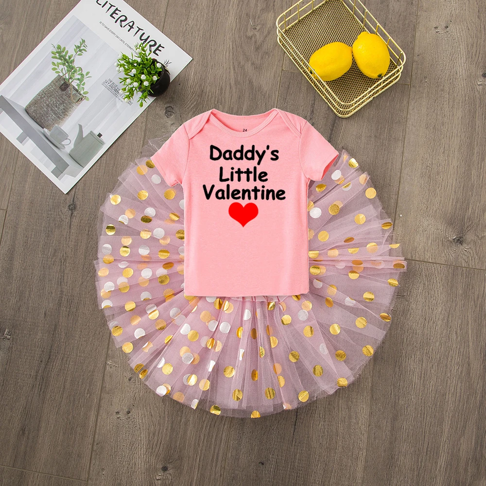 RE85-SQPPKYPK- Daddy's Little Valentine/Милый хлопковый комбинезон с короткими рукавами для маленьких девочек из 2 предметов+ Милая фатиновая юбка-пачка модные комплекты для малышей - Цвет: RE85-SQPPKYPK-