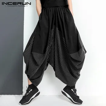 

INCERUN Men Harem Pants Striped Patchwork Joggers Elastic Waist Baggy Fashion Wide Leg Trousers Men Punk Streetwear Dance Pants