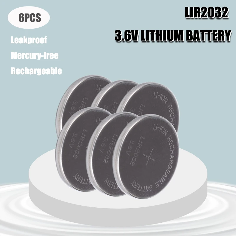 6pcs Lir2032 3.6v Button Cells Liion Rechargeable Battery Lir 2032