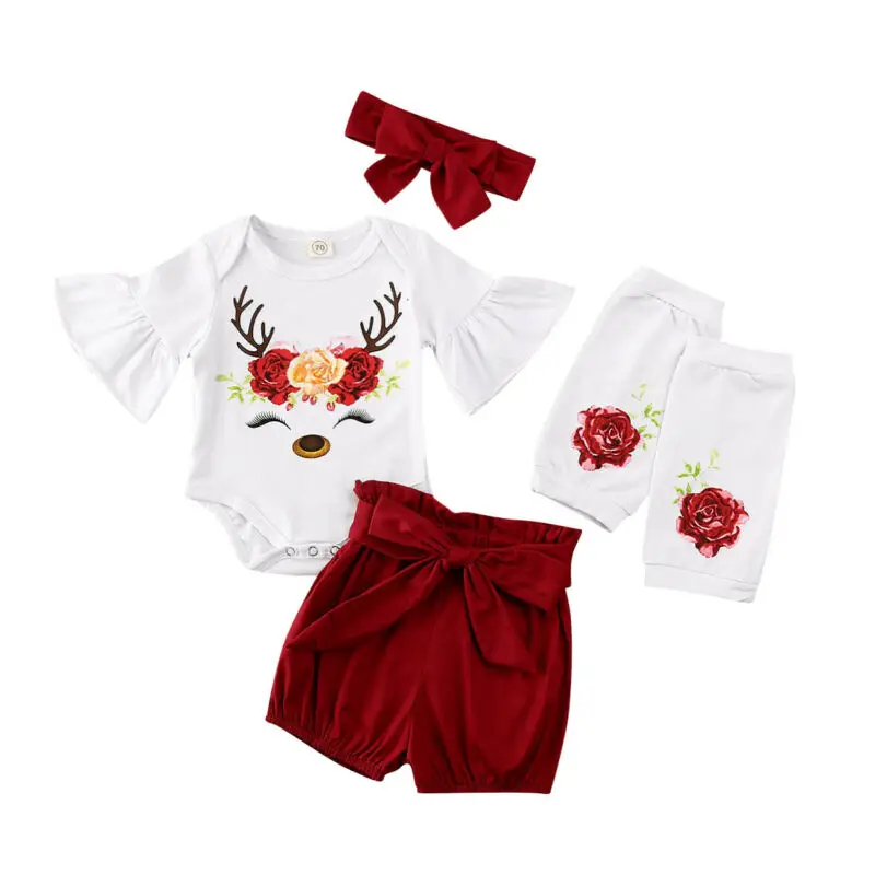  Newborn Baby Girls Christmas Clothes ELK Romper Tops Shorts Outfits Set Clothes