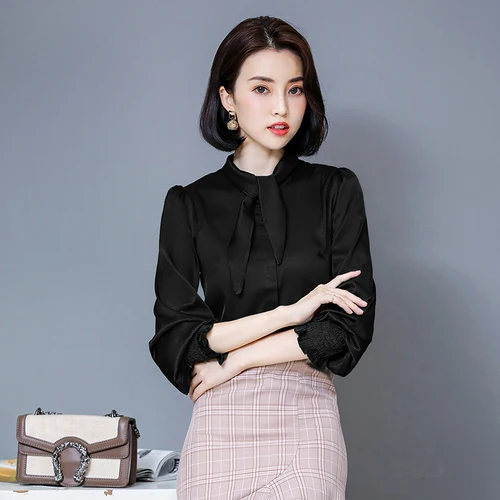 Blusas Mujer De Moda осенние модные офисные женские рубашки с длинным рукавом и бантом женские Однотонные блузки на каждый день женские топы 6225 50 - Цвет: Черный