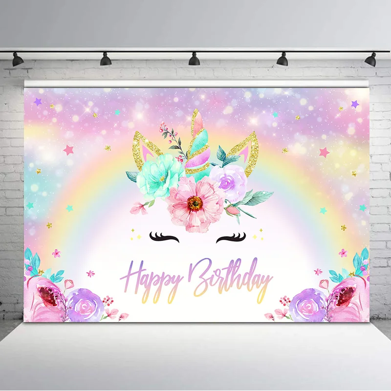 

NeoBack Unicorn Birthday Backdrop Flash Little Stars Pink Photography Background Pink Blue Flower Baby Shower Banner Backdrops