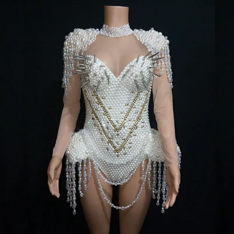 Жемчуг Заклепки Купальник с кисточками ночной клуб танец DS шоу сцена Одежда стрейч боди вечерние певица наряд gogo танцевальный костюм