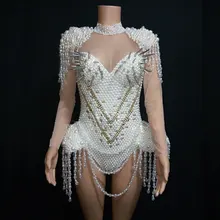 Жемчуг Заклепки Купальник с кисточками ночной клуб танец DS шоу сцена Одежда стрейч боди вечерние певица наряд gogo танцевальный костюм