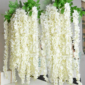 

12x Artificial Wisteria Vine Silk Fake Hanging Wisteria Flower Vine Flowers String White For Home Wedding Party Decorating 110cm