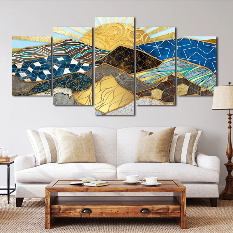 

Abstract Geometric Canvas Poster Landscape Blue Yellow Moutain Sunrise Living Room Wall Decor Painting Golden Art Poster Print