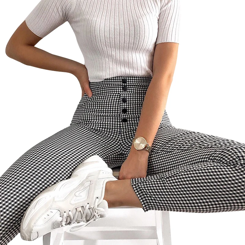 Harem Pants Women New 2019 Explosion Models Female Autumn Europe And High Waist Casual Pants Button Lattice Feet Women Plaid