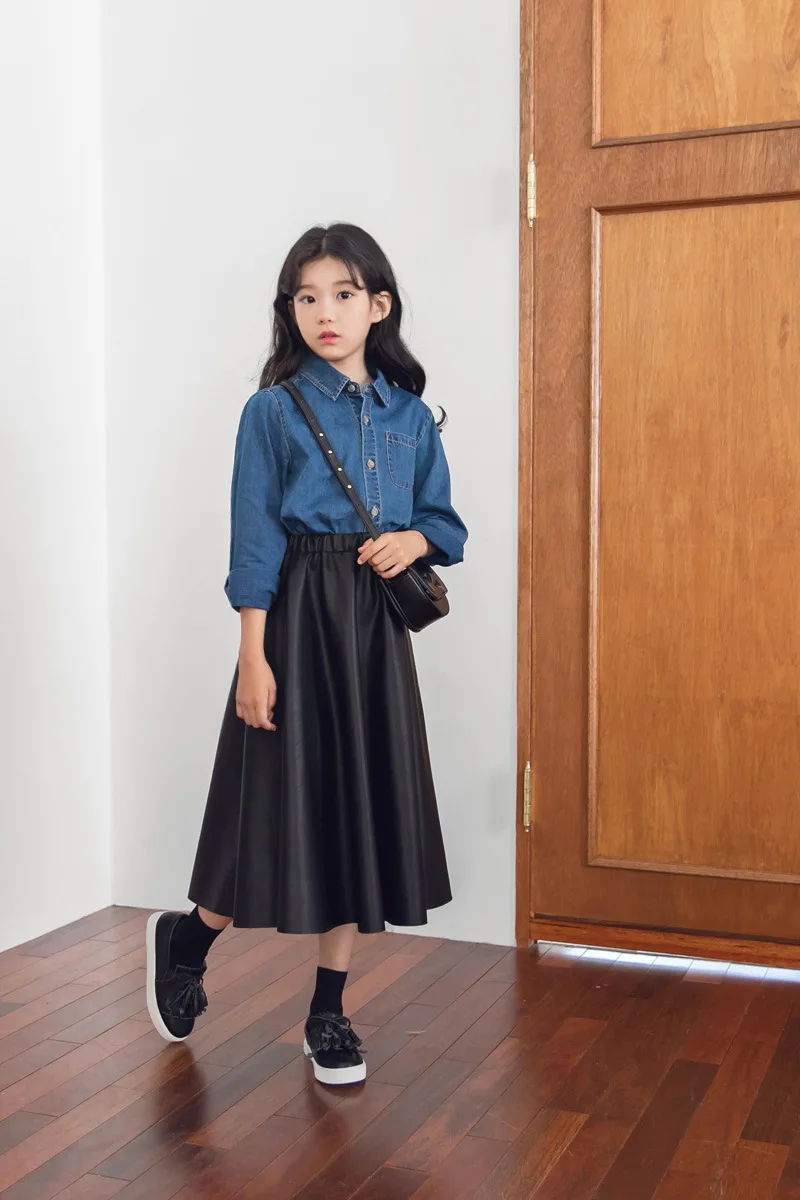 Корейская длинная юбка из искусственной кожи для девочек юбка с большим зонтиком, юбка г. Осенне-зимняя детская юбка с высокой талией