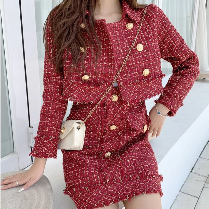 2021 Women Retro Tweed Jacket A-line Skirt Two Piece Set ladies Runway Spliced Plaid Gold trim Short Coats Skirts Outfits Suits |