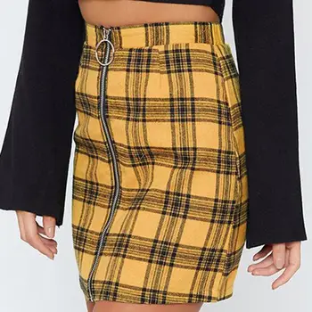

Fashion Sexy Women Plaid Front Zipper High Waist Slim Bodycon Mini Party Skirt High waist skirt with zipper in lady's check