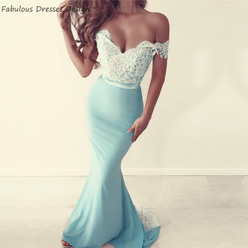 

2020 Mermaid Off Shoulder Prom Dresses Long Gracefully Applique Lace Sweep Train Vestido De Festa Evening Dress Party For Women