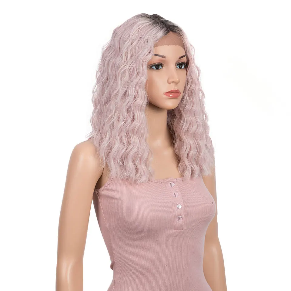 

Short Synthetic Lace Front Wig 14" Pink Purple Yellow Red Black Wigs Heat Resistant Cosplay Wavy Wigs for White Women BY122