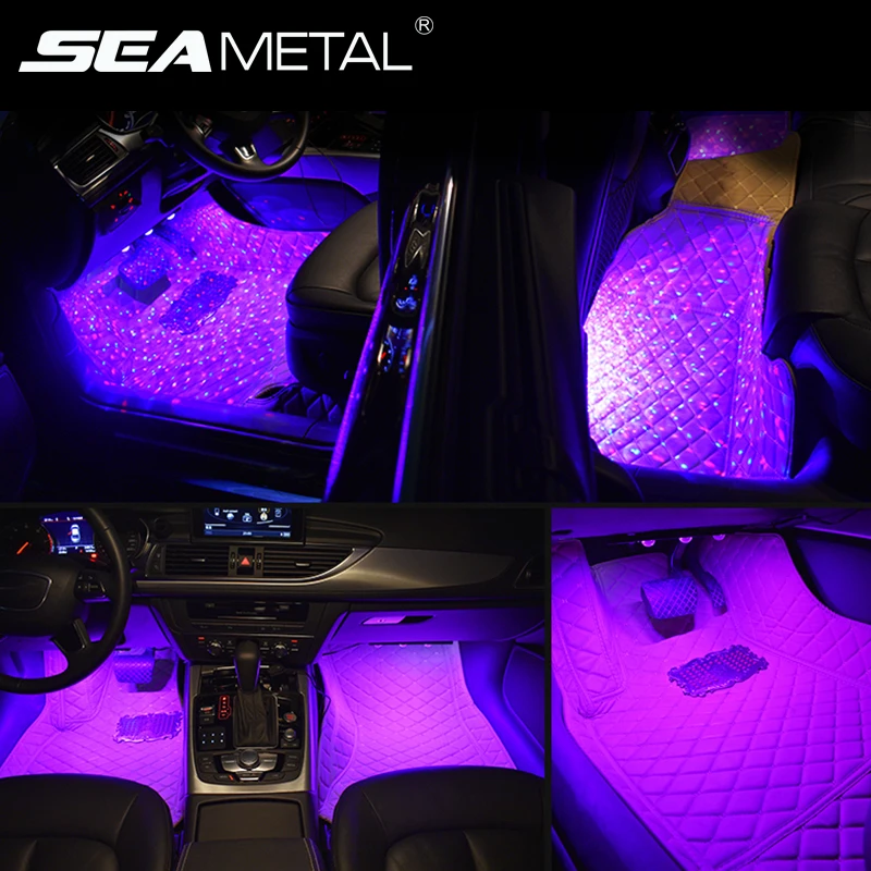 Универсальный автомобильный напольный светильник 12 В, RGB, интерьерные напольные лампы, музыкальный звук, голосовое управление, лазерные лампы, автомобильная атмосферная лампа