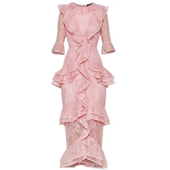 

Long Lace Ruffle Dress Half Sleeve Pink Runway Elegant Party Bell Sleeve High Quality Female Korean Long Women Dress Vestidos
