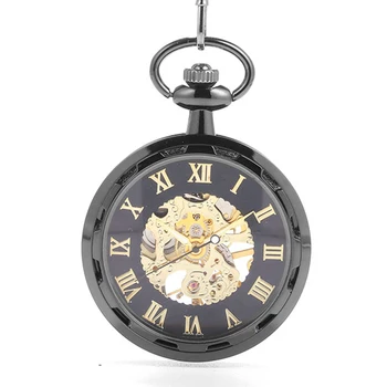 

Mechanical pocket watch Retro black wheel Roman scale large pocket watch court creative gift value exquisite flip pocket watch