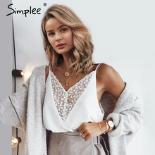 Женская белая майка Simplee с v-образным вырезом, вышитая кружевами привлекательная шифоновая камисоль, летний топ сплошного цвета на узких бретельках