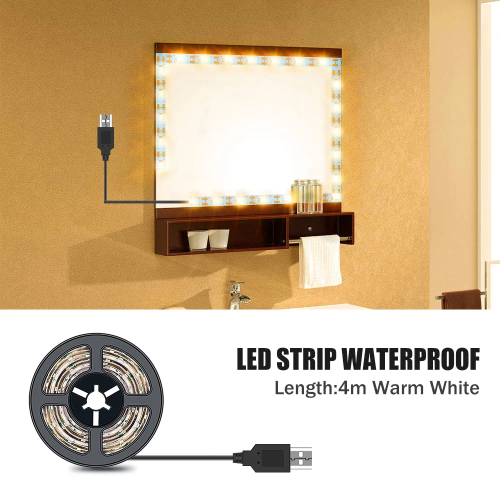 Светодиодный косметический зеркальный светильник 5 в USB светодиодный гибкий ленточный кабель USB питание туалетный зеркальный светильник для ванной комнаты полоса 1 м 2 м 3M 4M 5 м - Цвет абажура: Warm Whtie 4M