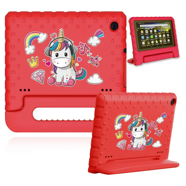 Cute Cartoon Kids Cover for Fire 7 (5th 7th 9th Gen)/HD 8 Tablet Handle Stand Funda Case for Fire HD 8 Plus (10th Gen 2020) 28.red case-unicorn