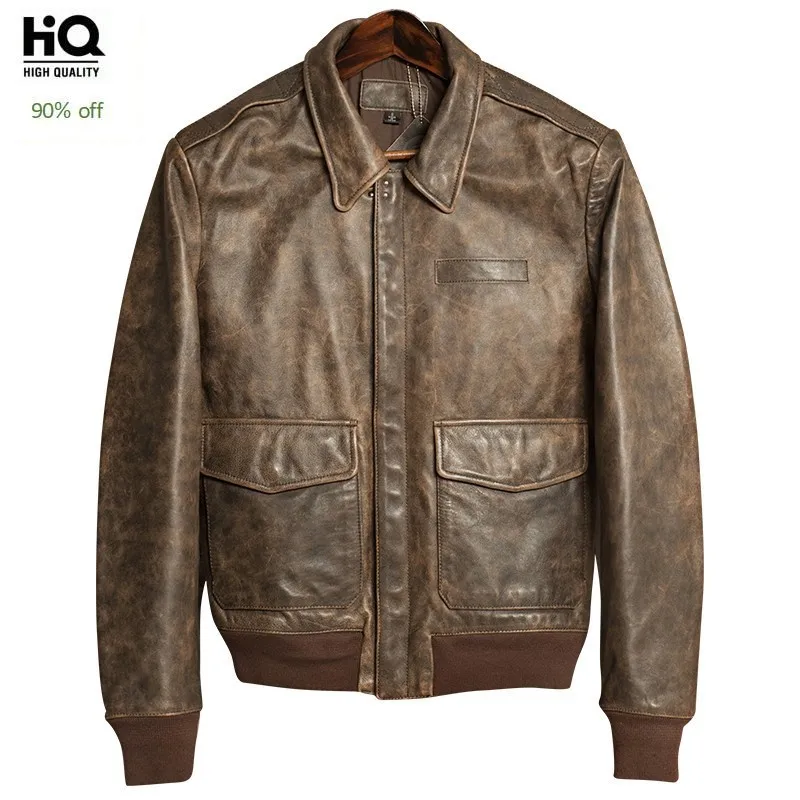 

2020 New Fashion Mens Moto biker Natural Leather Coat Turn Dowm Collar Slim Vintage Cow Sheepskin Leather Solid Flight Jacket