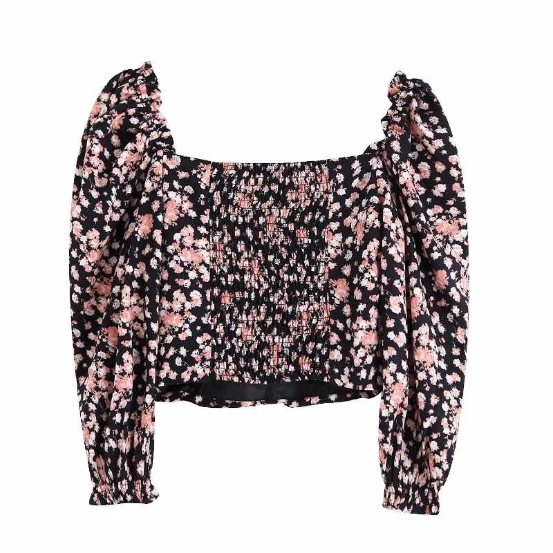 Женская модная плиссированная рубашка с цветочным принтом, блузки, Женская эластичная короткая рубашка, roupas femininas, Ретро рубашка с квадратным воротником, LS4016