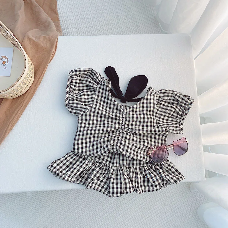 

Girls Plaid Casual Set 2021 Summer New Cute Baby Costume Bowknot Top Short Skirt Two-piece Children's Clothing