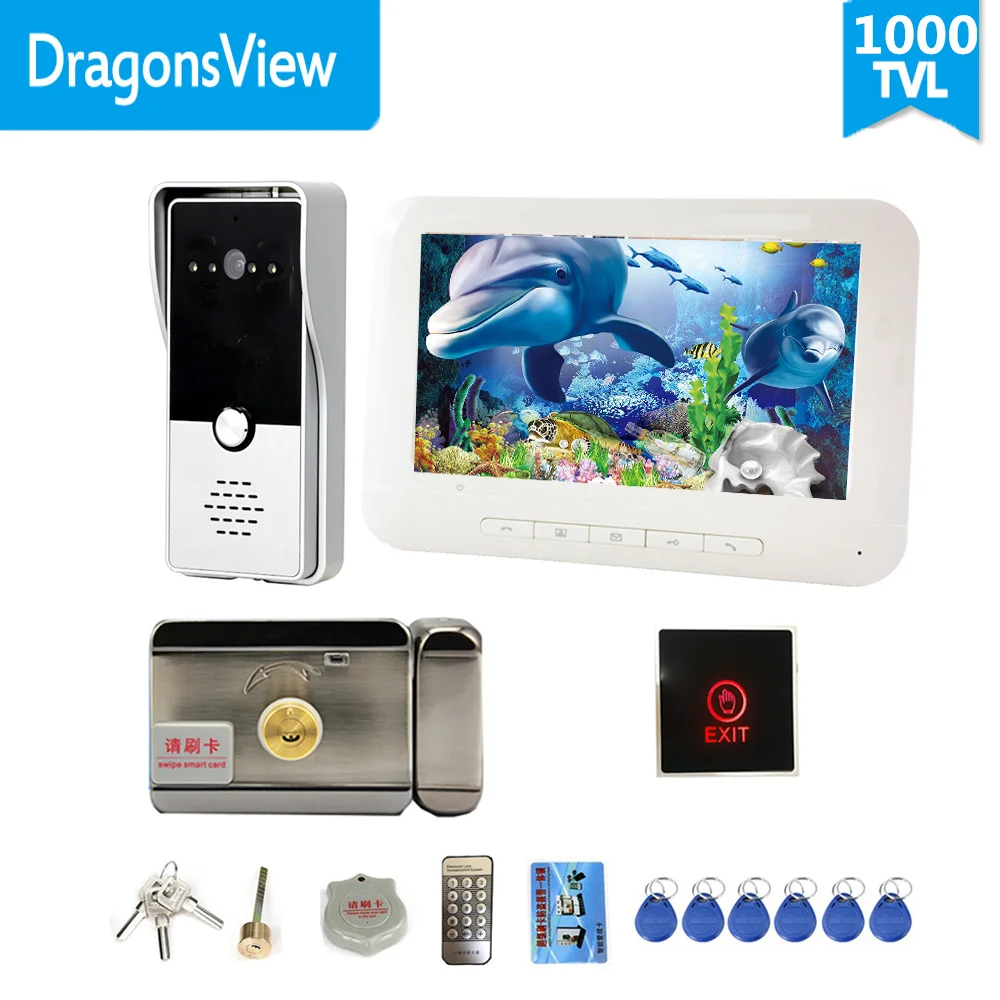Видеодомофон Dragonsview дверной звонок с электрическим замком 7 дюймов белая кнопка