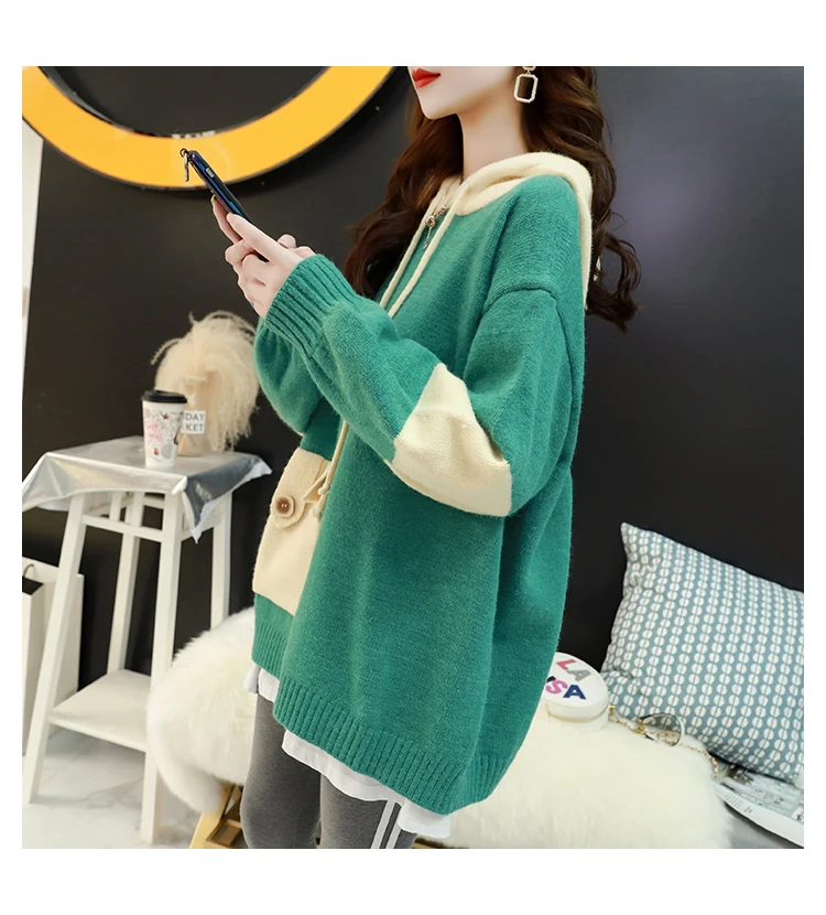 Женский вязаный свитер и пуловеры, корейский модный стиль, Свитера с капюшоном, осень и зима, свитер с карманами