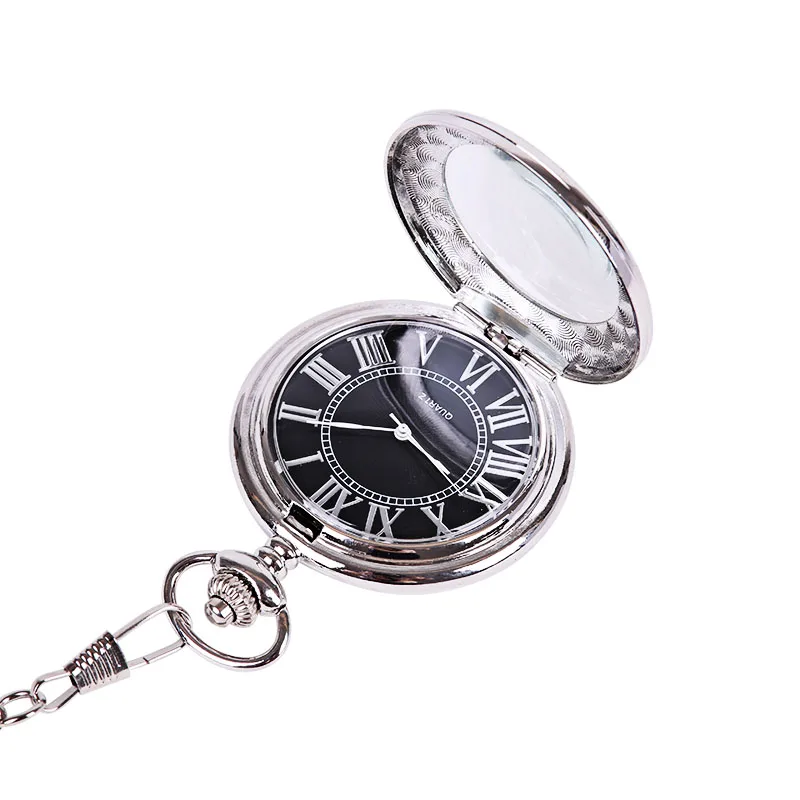 Retro Trend Silver Perspective Glass Roman Open Black Digital Pocket Watch with Chain Men's and Women's Accessories