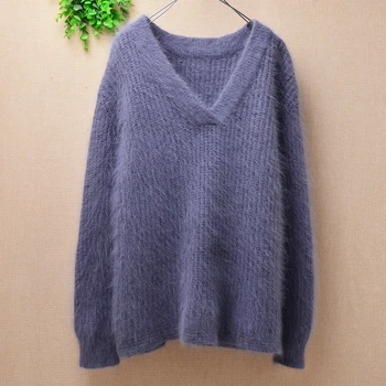 

Female ladies causal long sleeves V-neck loose fuzzy hair mink cashmere knitted bottoming blouses sweater pullover winter wear