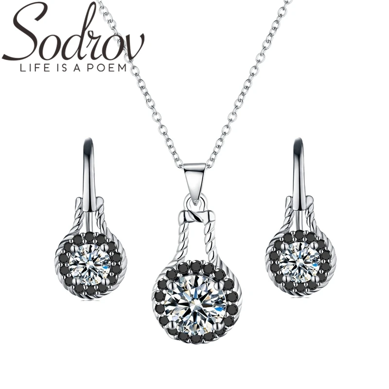 SODROV Винтаж 925 пробы Серебряные Ювелирные наборы черная шпинель свадебные женские цепочки и ожерелья кулон серьги набор Z007