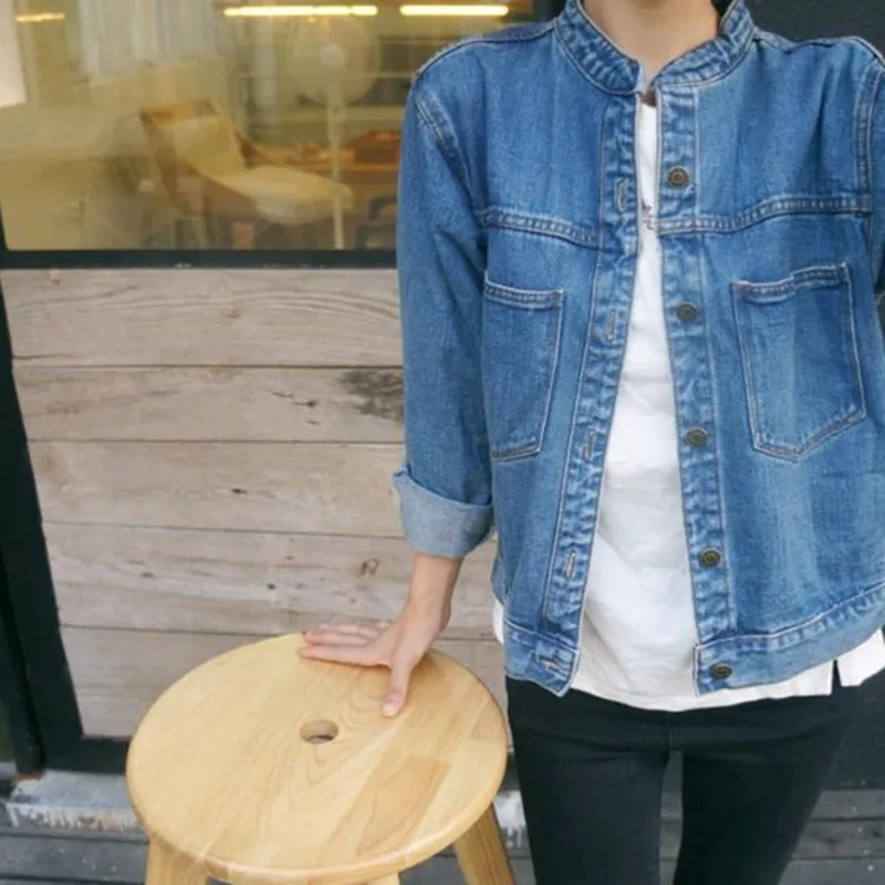 

Blue Denim Jacket Long Sleeve Korean-style Washed Stand Collar Loose Denim Jeans Jacket Student Short Jacket Female Clothing