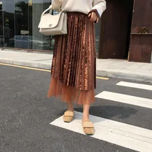 Модная юбка в стиле ретро, женская осенняя и зимняя одежда, блестящая сетчатая сшитая однотонная плиссированная юбка, цветные юбки миди