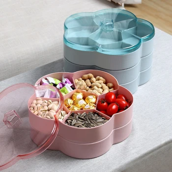 

1/2-Tier Flower Shape Candy Storage Box Plastic Fruit Nuts Tray Bowl Snacks Organizer Multi Grid Food Container Bins With Lid