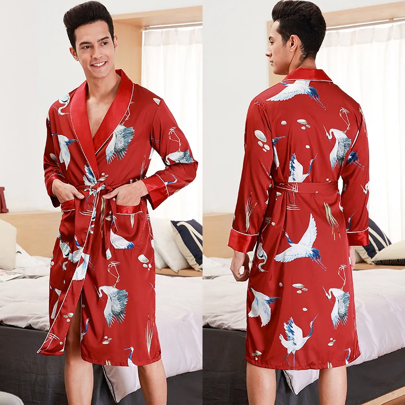 mens cotton pajama pants Ice Silk Long Sleeve Men's Pajamas Long Robes Nightgown Satin Sleepwear Loose Bathrobes Bathrobe Home Clothes 2021 silk sleepwear Men's Sleep & Lounge