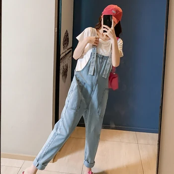 

Maternity Clothing Set Fashion Jeans+White Cotton T-Shirt Two-piece Suit Plus Size Denim Overalls Short Sleeve Tees Twinset