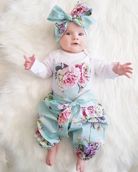 

3 pieces Long sleeve heart Floral Bodysuit and Flower Pant with Headband Set For Baby Girl Clothes