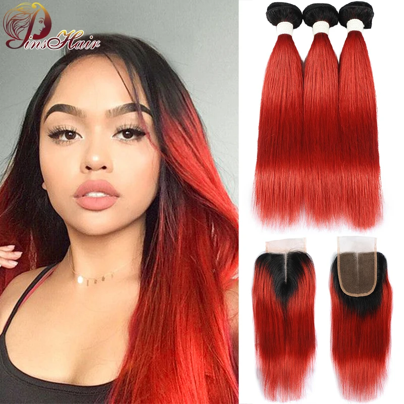 

Pinshair Human Hair Bundles with Closure 1B Red 99J Burgundy Straight Hair 3 Bundles with Closure Peruvian Non-Remy Hair Bundles
